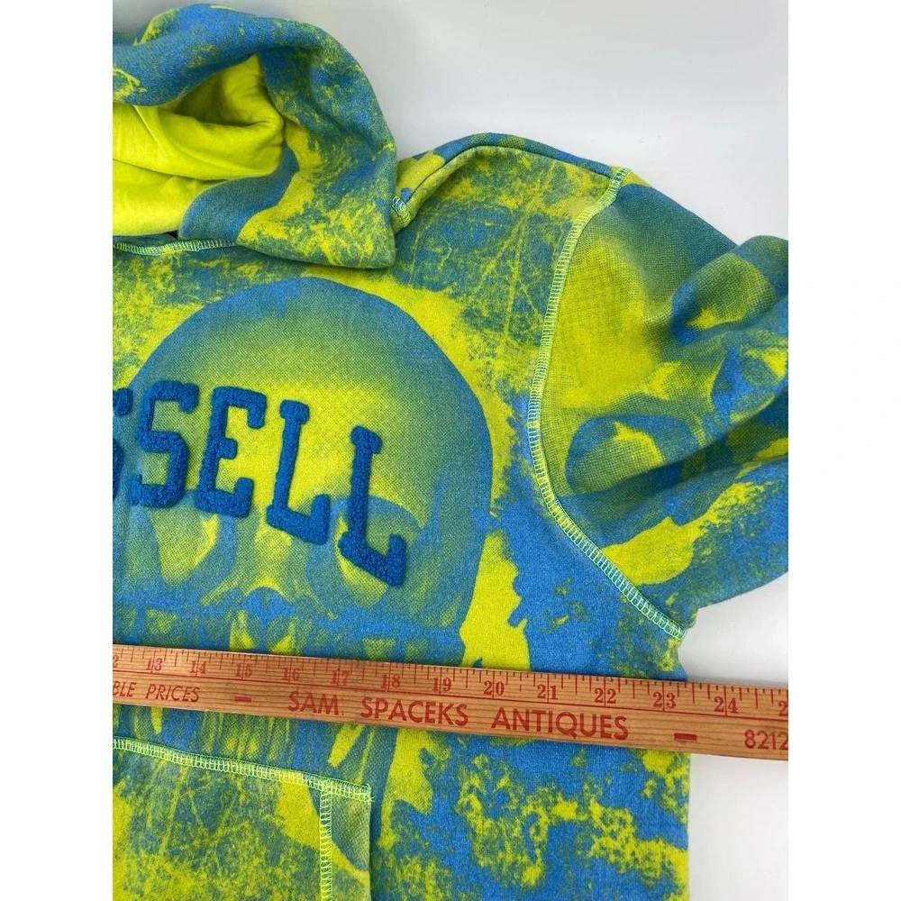 Russell Athletic Skull Hoodie Neon‎ Green Blue Y2K Grunge Small Unisex